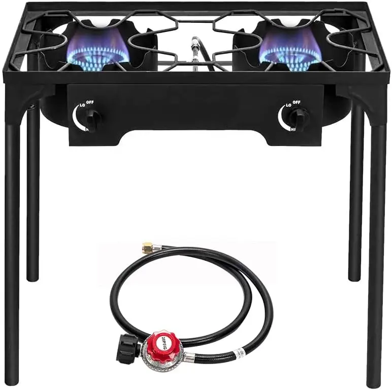 2 Burner Outdoor Portable Propane Stove Gas Cooker, Heavy Duty Iron Cast Patio Burner with Detachable Stand Legs for Camp Cooking (2-Burner 150,000-BTU) psi regulator high pressure turkey fry propane gas stove