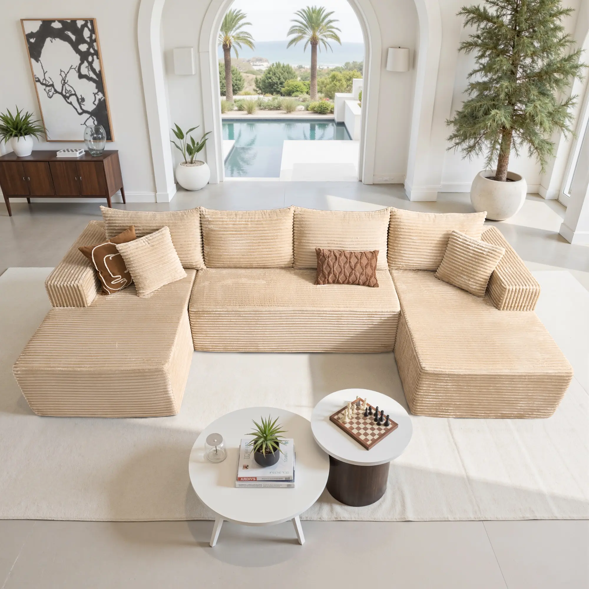 135” U Shaped Beige Plush Corduroy