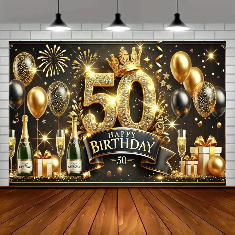 1pc Durable Polyester 50th Birthday Celebration Banner - Flat 2D, Luxurious Golden Theme, Black Accents, Champagne Design, Party Decoration Supplies, Event Decor, Celebrate 50s Home & Festive Event Backdrop