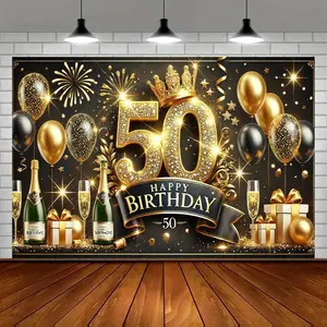 1pc Durable Polyester 50th Birthday Celebration Banner - 2D Flat, Luxurious Golden Theme, Black Accents, Champagne Design, Party Decoration Supplies, Home & Festive Event Backdrops