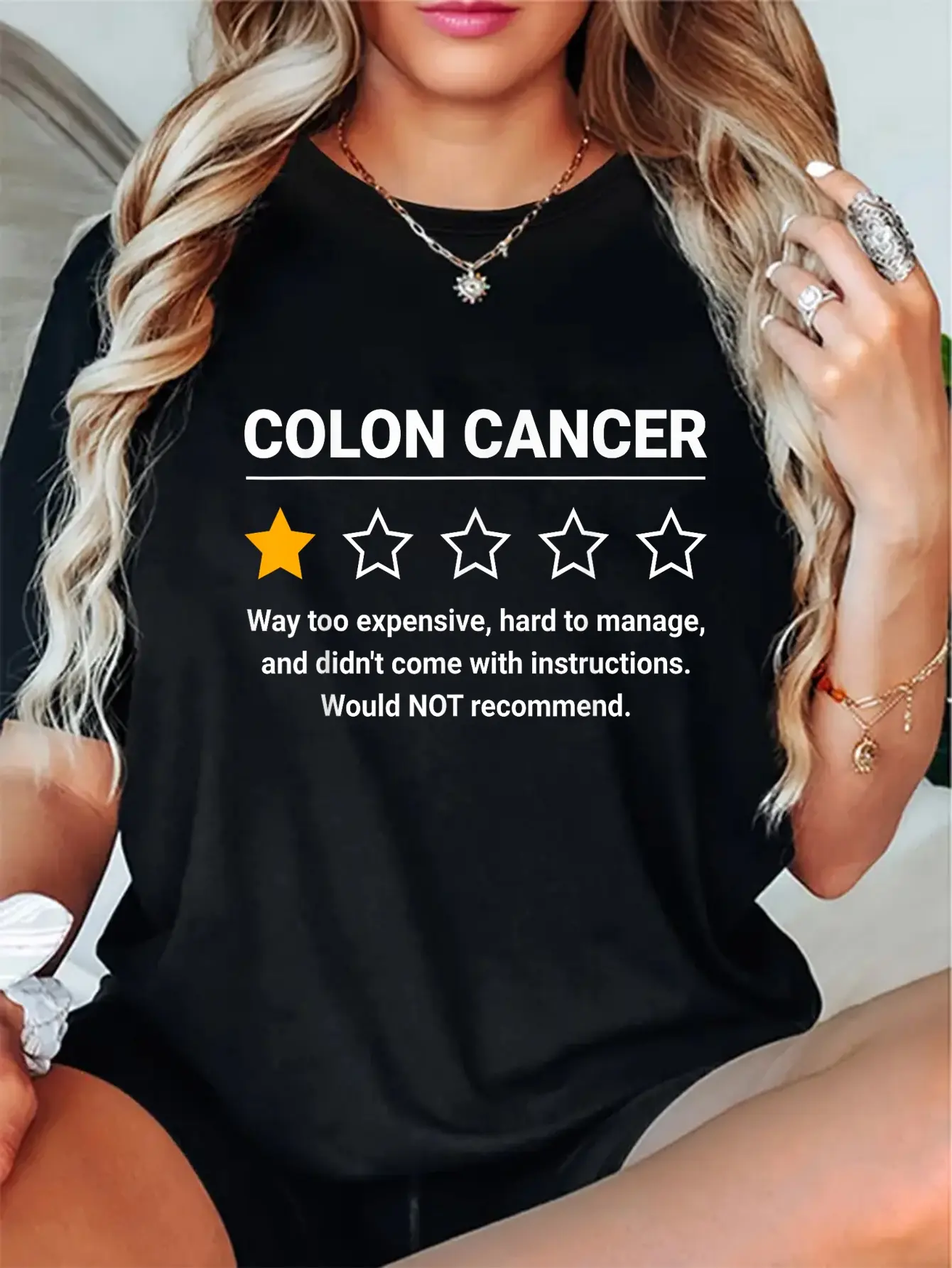 100% Cotton Colon Cancer One Star Rating Funny Colon Cancer Awareness T-Shirt
