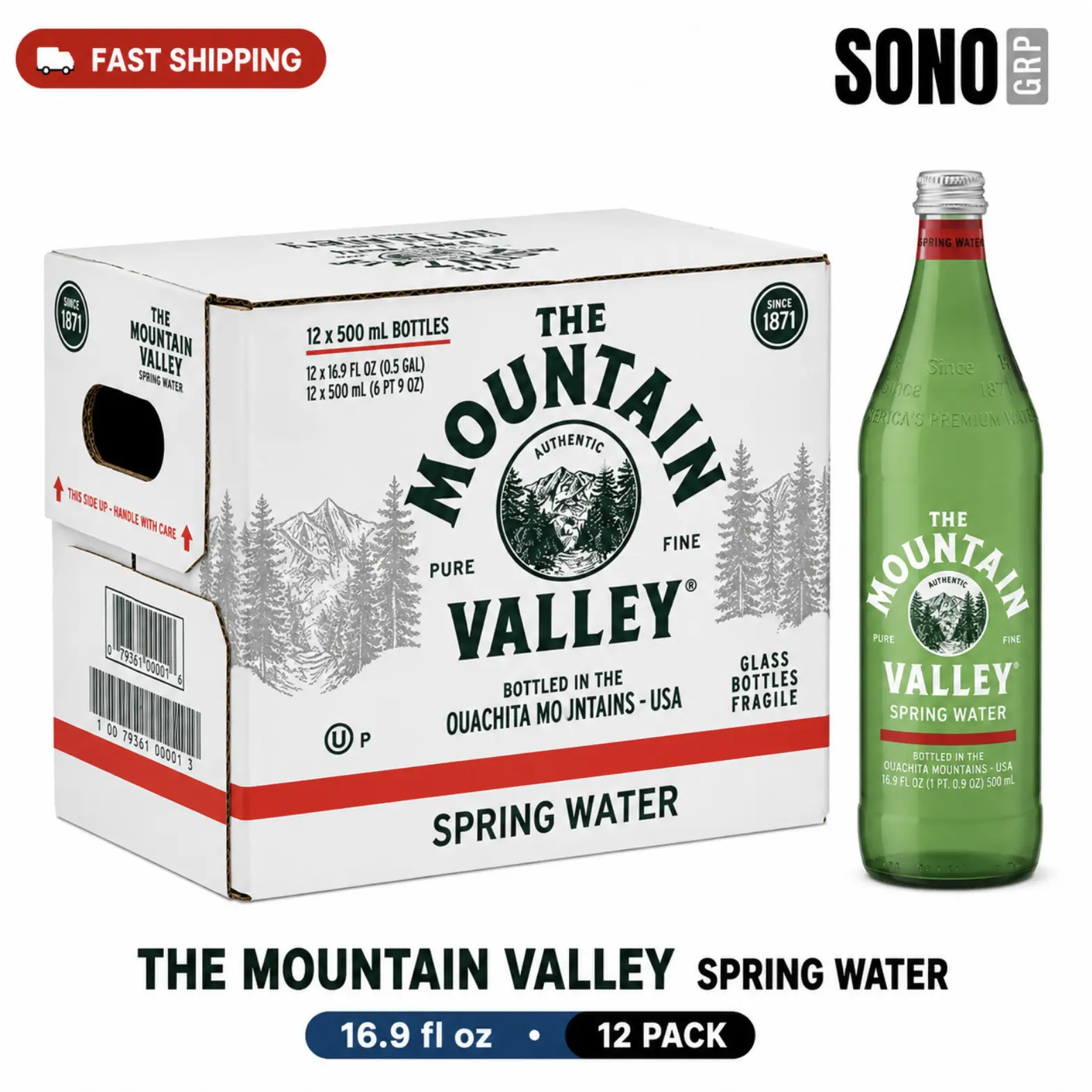 Mountain Valley Water Spring Water, 12-Pack Glass Bottles (16.9oz/500ml) - Naturally Balanced Minerals for Crisp, Clean Drinking Experience