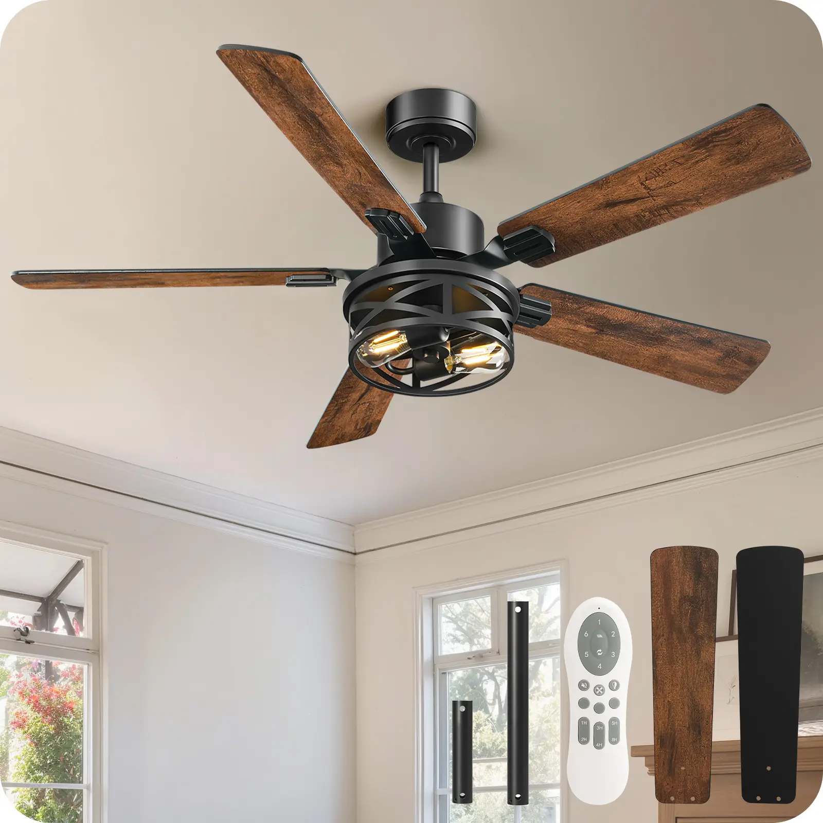 52 Inch Farmhouse Ceiling Fan with Lights and Remote, Timer, Dual Finish 5 Blades (Walnut and Black), 6 Speeds, Reversible DC Motor, Rustic & Industrial Caged Ceiling Fan for Bedroom