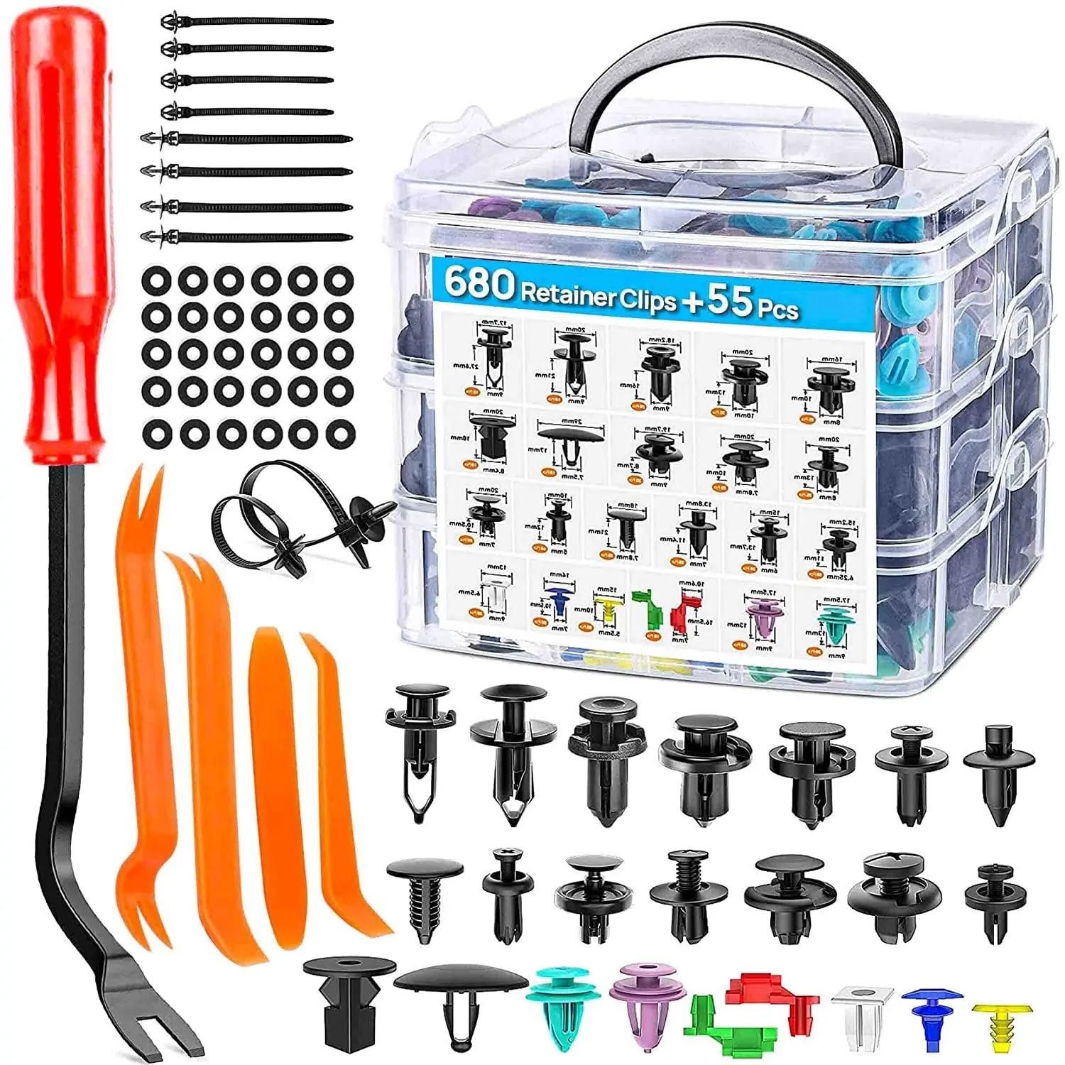 [Car Push Retainer Clips] 735pcs Car Push Retainer Clips Assortment | 23 Most Popular Sizes Nylon Bumper Fender Rivets with 10 Cable Ties And Fasteners Remover
