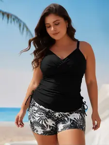 2026 Summer Plus Size Curvy Black Two-Piece Swimsuit Set with Adjustable Drawstring Side-Tie Top and Tropical Print Boxer Shorts, Slimming Tummy Control Bikini for Beach Pool Vacation