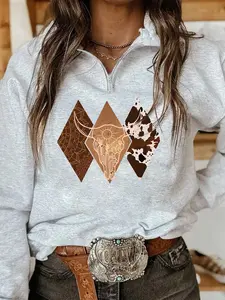 Women's Casual Long Sleeve Sweatshirt, Rhombic Pattern Cow Print Half Zip Fitted Pullover, Comfortable Spring & Fall Fashion Womenswear Tops