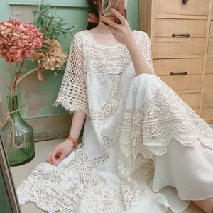 Mid-Sleeve Nipped Waist Lace Dress Openwork Crochet Embroidery