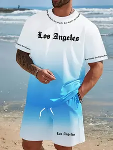 American Beach Style 2-Piece Set, T-Shirt and Shorts, Slim Fit Gradient Print Casual, Summer Fashion for Outdoor Activities, Pool Party, Beach Gathering