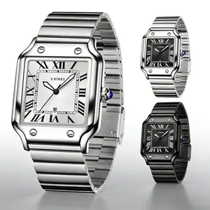 Classic Square Silver Watch for Men Women Unisex - Roman Numeral Analog Quartz Waterproof - Stainless Steel Date Wristwatch - Old Money Aesthetic Style - Best Couples Gift for Him Her Birthday Valentine