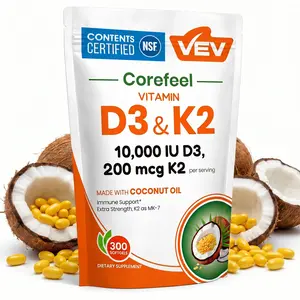 VEV Corefeel Vitamin D3 K2 10000 IU, 300 Virgin Coconut Oil Softgels, 2 in 1 Vitamins Supplement D & K, Dietary Supplemental Pack, Mothersdaygift, Summervibes, NSF Certified
