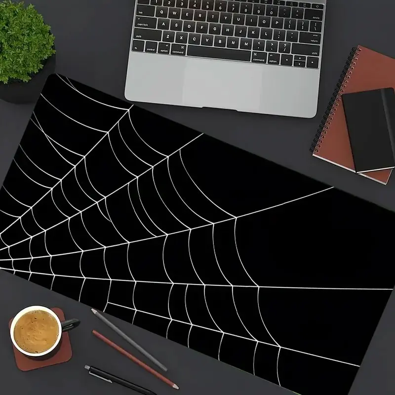 Minimalist Black & White Spider Web Large Gaming Mouse Pad, Extended XXL Desk Mat with Stitched Edge & Non-Slip Rubber Base, Ideal for Goth Style Lovers, Gamers and Halloween Fans, Perfect for Gaming Rooms, Home Offices & Bedroom Desks