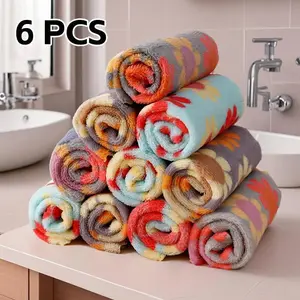 Floral Print Soft Face Towel, 6 Counts Absorbent Coral Velvet Bath Square, Multifunctional Towel for Home Use, Flower Multicolor Family bathroom, cloth, cleaning, Premium Towel Set