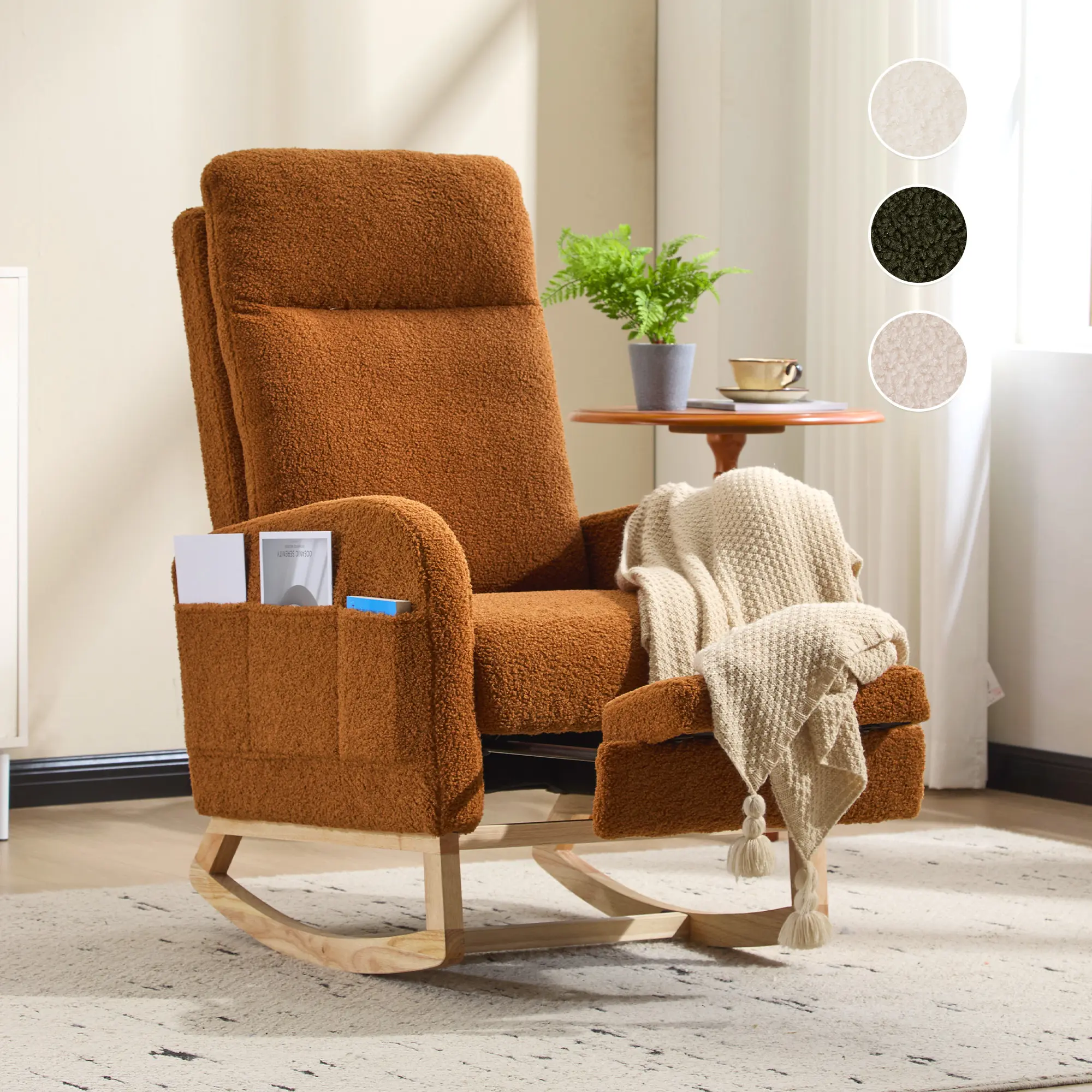 Teddy Nursery Rocking Chair, Comfy Accent Chair with High Backrest Upholstered Living Room Chairs with Side Pocket Armchair Reading Chair for Bedroom Nursery Office Mommy Chair, Colors: White/Beige/Brown/Green