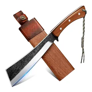 Freelander Japanese Style High Carbon Steel Blade with Red Sandalwood Ergonomic Full Tang Handle and Wood-Leather Sheath — Outdoor Tool for Camping, Hiking, and Yard Work