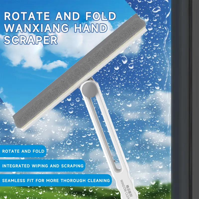 Glass Cleaning ScraperFoldable High-Rise Window Wiper Squeegee with Scrubber & Safety Rope, 360° Rotating Glass Cleaning Tool for Home Apartment, Streak-Free Scratch-Safe Window Washer, Extendable Long Handle Lazy Cleaning Kit for Mirror Shower Tile