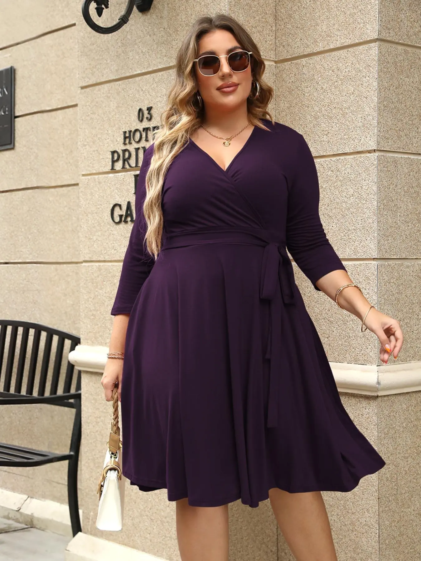 【Plus Size】Trendy Minimalist Plain Wrap V Neck Belted A Line Plus Size Dress, Women's 3/4 Length Sleeve Solid Dress, Casual Wear Fall Outfit