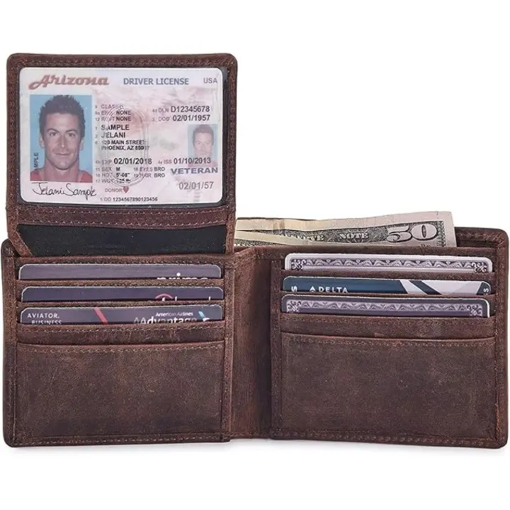 Men's RFID Blocking Wallet - Genuine Leather Bifold with 2 ID Windows - 10 Card Slots - Gift Box Included
