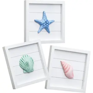 JUMBO DECOR 3D Ocean Beach Themed Wall Decor, Set of 3 (8" x 8") - Seashell and Starfish Decorations for Home or Beach House, Rustic Ocean Theme Coastal Bedroom or Bathroom Living Room Wall Art