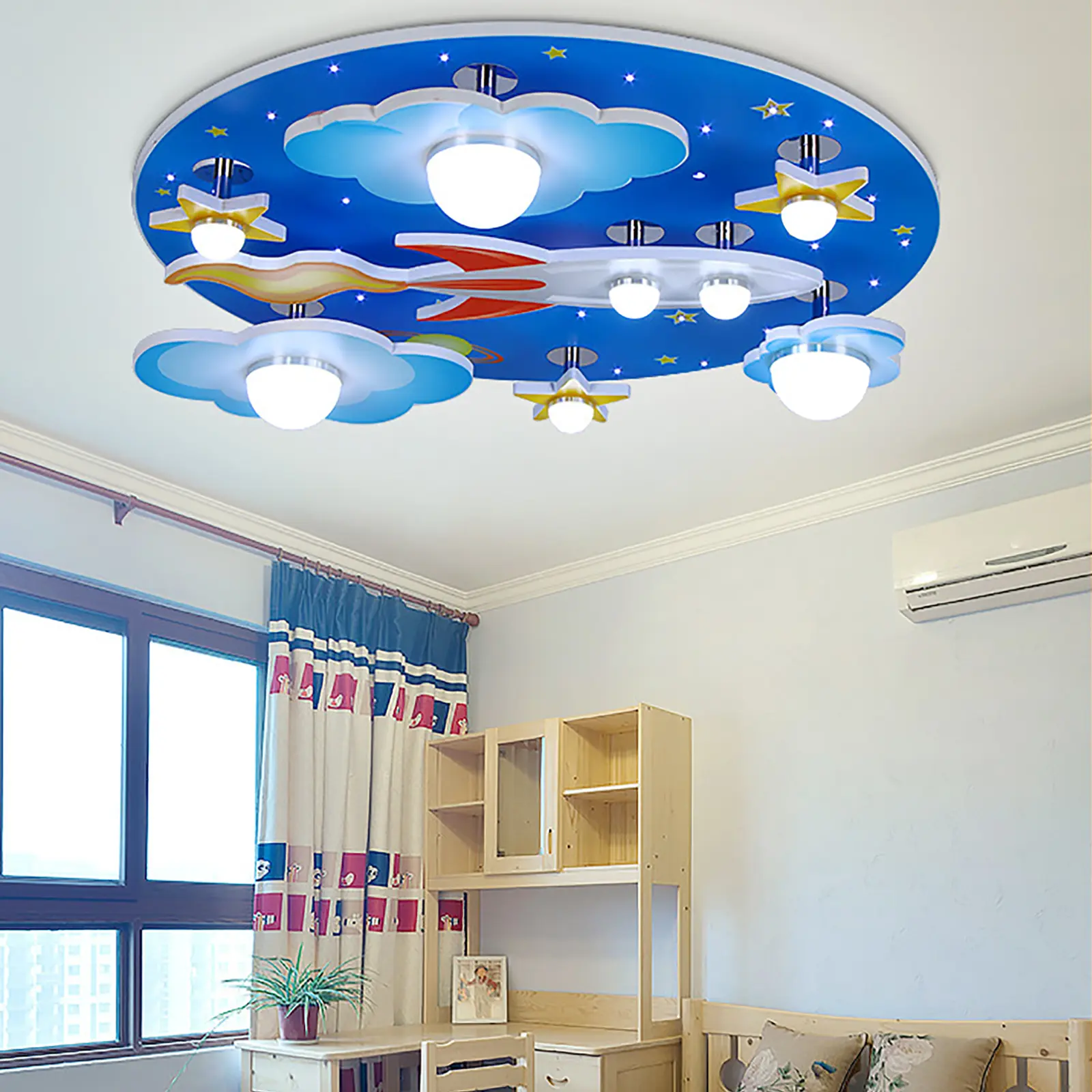 CNCEST E27 Dimmable Rocket Ceiling Light - Home Ceiling Lighting with Remote, Adjustable Brightness LED Chandelier, Cartoon Lampshade, Starry Sky Themed Illuminated Night Lamp for Kids’ Bedroom Decor, Illuminated Night Light
