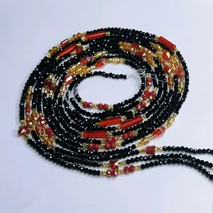 Red Black Tie-On Women's Waistbeads for Daily Use - 50 Inches Custom-Made Belly Chain Fashion Accessory with Unique Seed Beads