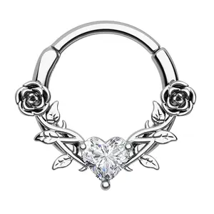 Oufer 16G Rose Love Heart CZ Gem Clicker Septum Ring Female