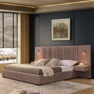Luxury King Size Bed Frame with Oversized Upholstered Headboard, Modern Chenille Upholstered Platform Bed Frame with Gold LED Lights, Nightstands, No Box Spring Needed, Pink