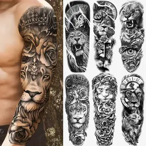 6 Lion Animal Temporary Tattoo Stickers, Large Full Arm Fake Tattoos, Suitable for Men Women Adults, Long-Lasting Leg Body Art Makeup, Henna Tattoo Sticker