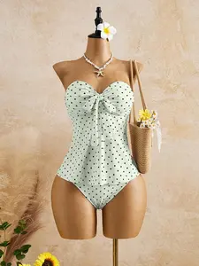 VYNCE Bandeau tankini set polka dot knotted front strapless beach vacation summer