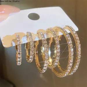 3 Pairs Sparkling Rhinestone Hoop Earrings Set for Women - Multi-Size Iced-Out Circle Earrings Pack, Hypoallergenic Boho Ear Stacking Jewelry