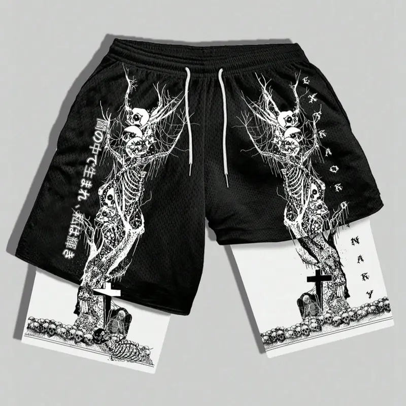 Men's 2 in 1 Letter & Skeleton Print Drawstring Waist Graphic Print Shorts, Regular Fit Casual Breathable Pocket Track Shorts for Summer, Fashion Men's Bottoms for Daily Wear