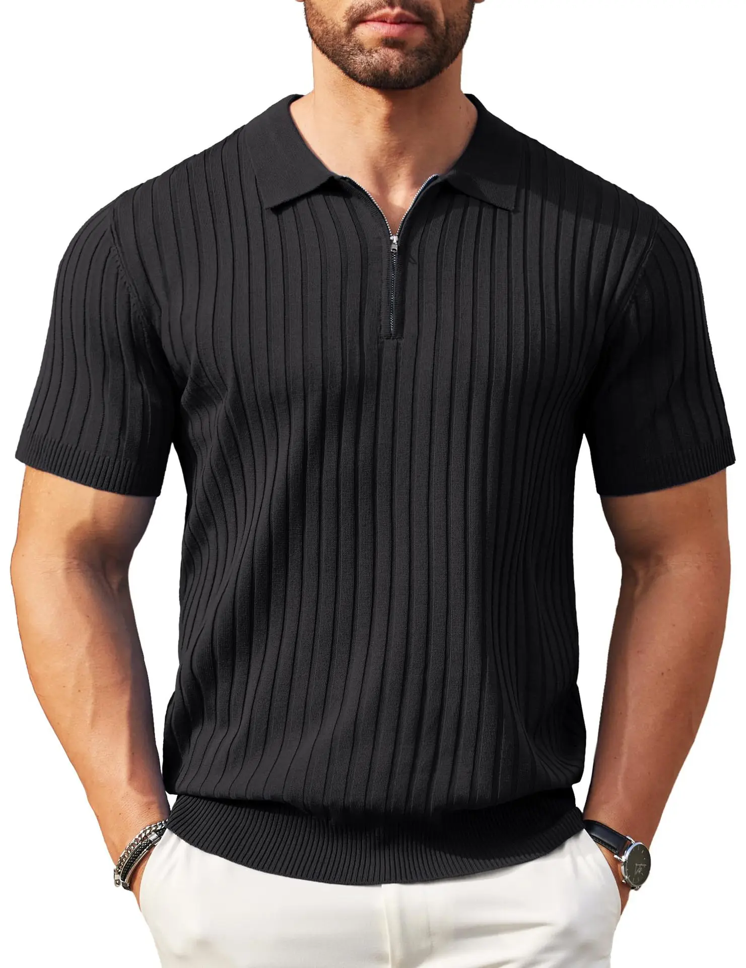 Mens Zipper Polo Shirt Short Sleeve Ribbed Knit Polo Top, Casual Spring Summer Collared Shirt,Knit Golf Shirt for Work Travel Daily Wear