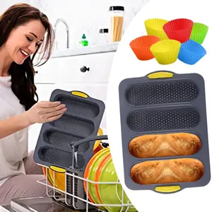 6 PcsSub Bread Roll Pans,French Baguette Mold, Silicone Bread Loaf Pan Sourdough Bread Pan,Non-Stick Sub Sandwich Loaf Pans Homemade Bread Accessories With 6 Muffin Cups for Homemade Bread