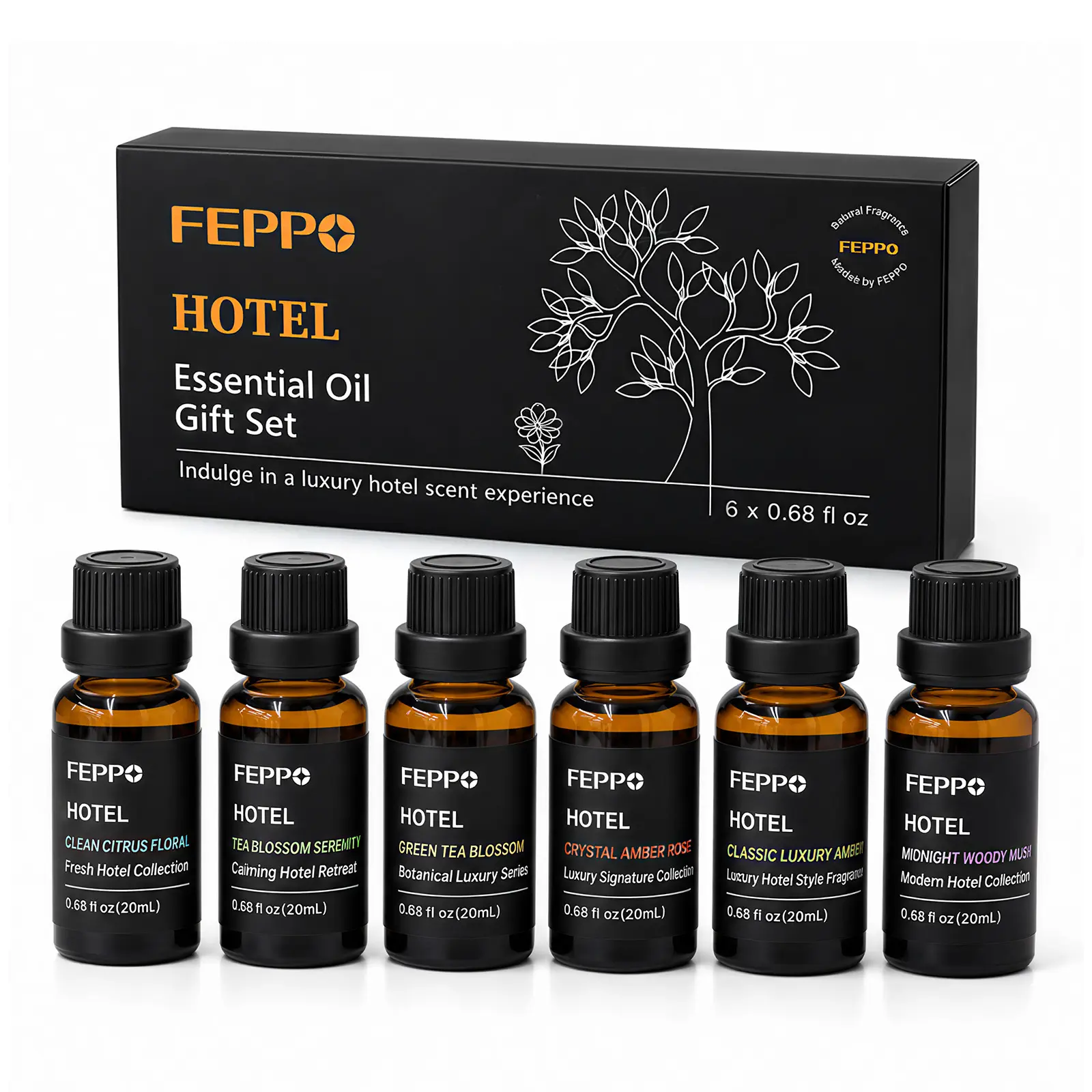 FEPPO Hotel Diffuser Oil Gift Set, 6x20mL Luxury Fragrance Oils for Waterless Diffusers & Home Scenting, Amber, Citrus Floral, Green Tea, Rose, Tea Blossom & Woody Musk Scents
