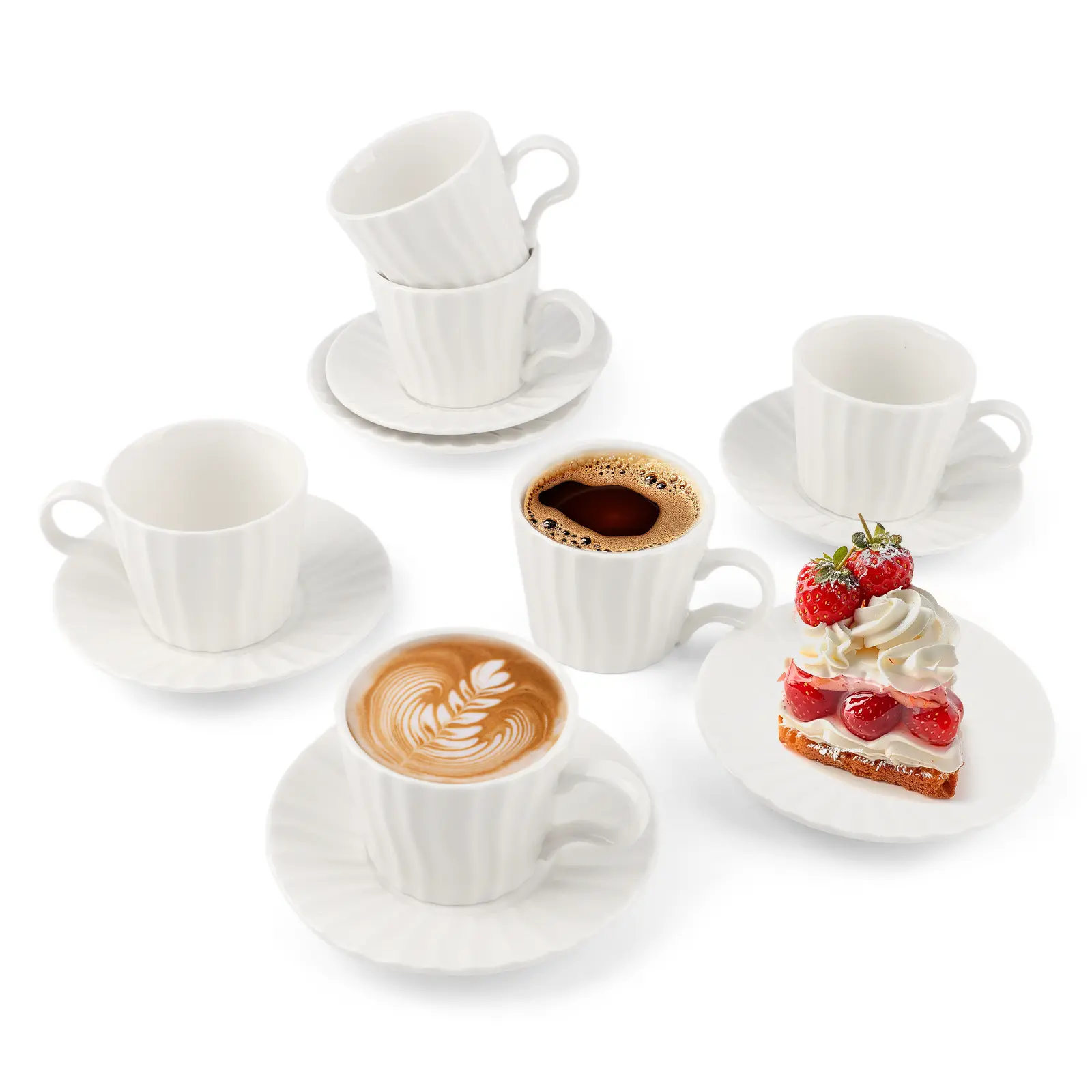 White Ribbed Thick Glossy Ceramic Espresso Cups & Saucers Set (6-Piece with Handles, 3.4oz), Coffee Mug Set for Turkish Coffee, Cappuccino, Girlfriend Birthday Gift Drinkware