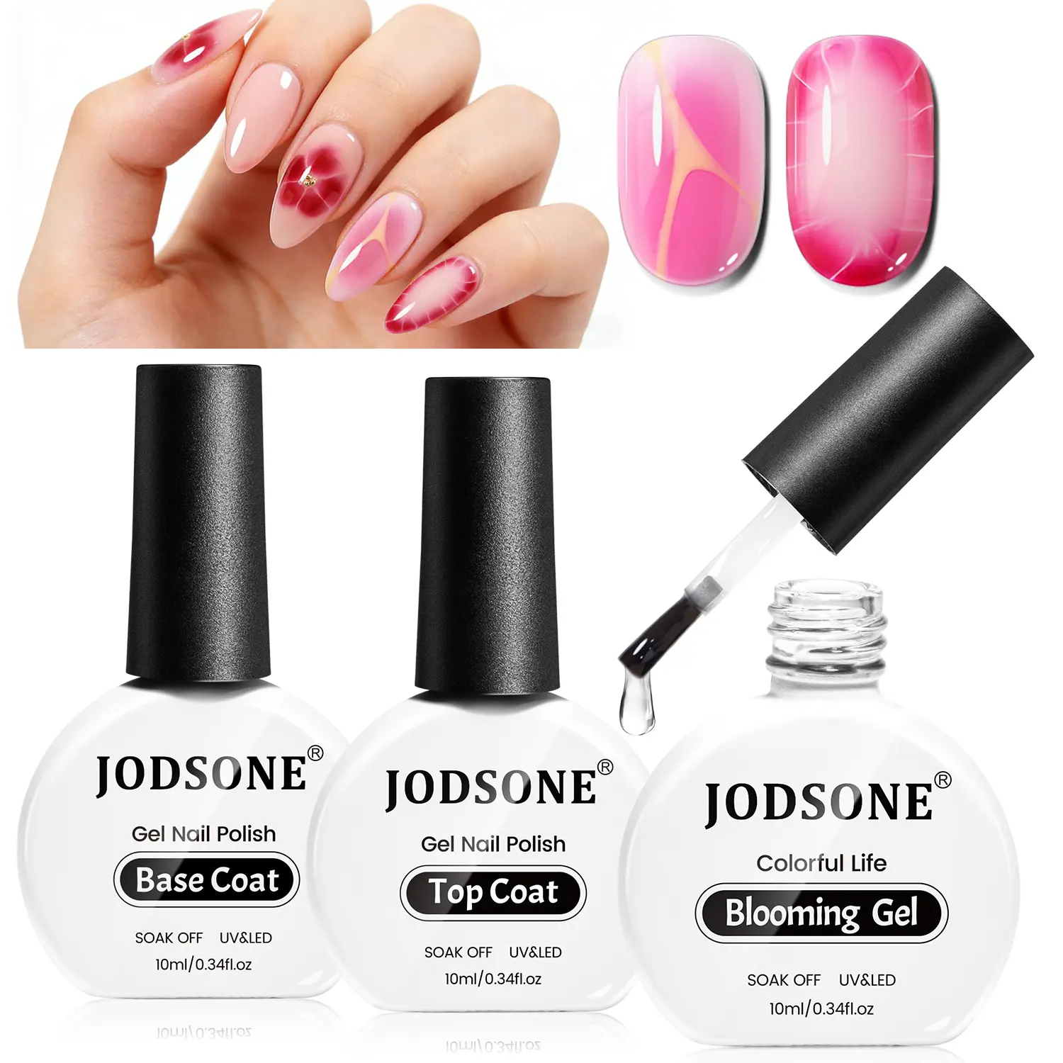 JODSONE 3pcs 10ml Base Top Coat & Blooming Gel Set No Wipe | UV Lamp Curing | Gradient Watercolor Nail Art Spreading Effects JODSONE 3pcs 10ml Base Top Coat & Blooming Gel Set No Wipe | UV Lamp Curing | Gradient Watercolor Nail Art Spreading Effects