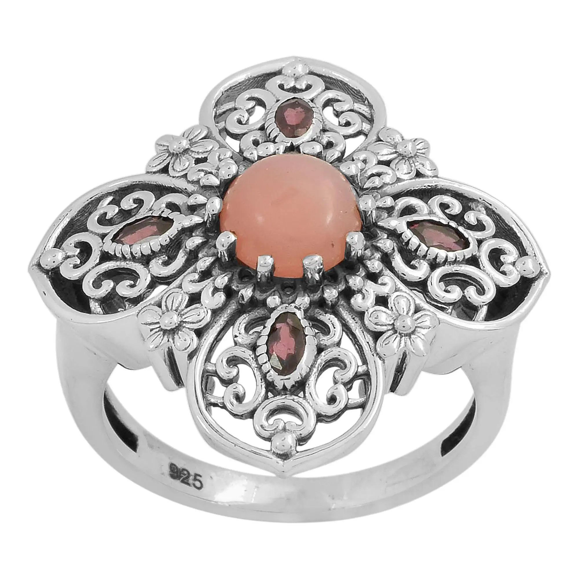 Artisan Crafted Pink Opal & Garnet Engagement Ring, Sterling