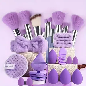 33pcs Cross-Border Complete Beauty Tools Set, Makeup Brush Full Set, Soft Powder Puff Makeup Brushes, Flocked Puff, Water-Drop Egg Headband, Cleansing Sponge, Makeup Brushes Kit