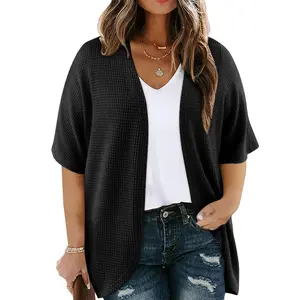 Women's plus size cardigan wool sweater casual short sleeved waffle knit kimono cardigan topRAIMENTRY