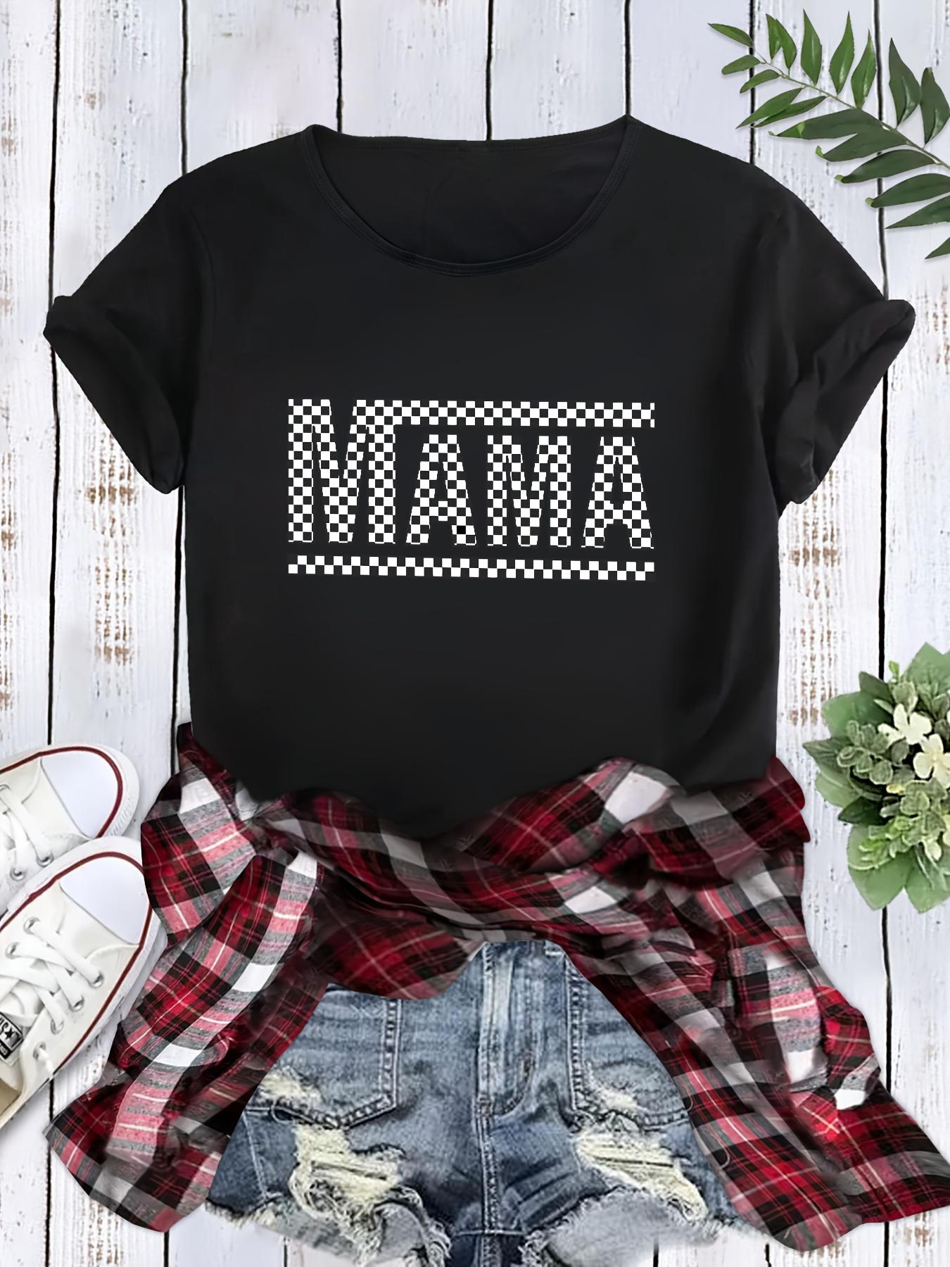 Women's Casual Loose Fit T-Shirt - Black & White Checkered MAMA Graphic Print, Breathable Summer Top with Round Neck, Machine Washable, Ladies T Shirts, Casual Attire, Relaxed Fashion, Nontransparent Material