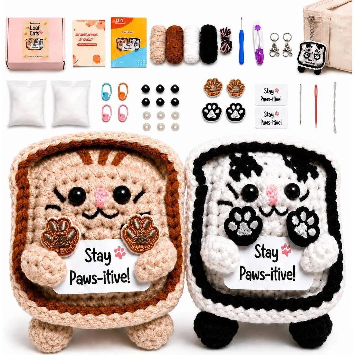 Crochet Kit for Beginners, 2 Pack Loaf Cat Crochet Animal Kit for Adults, Step-by-Step Video Tutorials, with Paper Guide and 40% Extra Yarn, Cute Bag Charm for Cat Lover Gifts