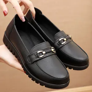 Women's Black Leather Loafers – Slip-On Dress Shoes with Metal Buckle, Breathable Soft Sole, Comfortable Flats for Work & Everyday Wear Footwear