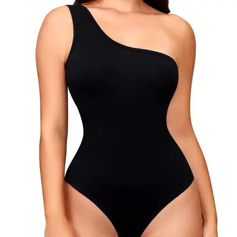 Women's High Elastic Fit One-Shoulder Chic Fashion Bodysuit, Soft Waist Control Body Shaper Shapewear Underwear, Casual All Season Wearable, Moderate Fabric Thickness