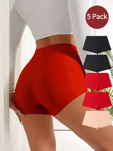 Women's Seamless Striped Mid-Waist Briefs, Comfortable Elastic Fit Underwear, Breathable Lightweight, All-Season Wear, 5 Pack