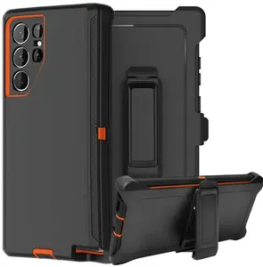 Rugged Defender Case For Samsung Galaxy S24/S24 Plus/S24 Ultra Shockproof Heavyduty Protection Case With Belt Clip(Black-Orange)