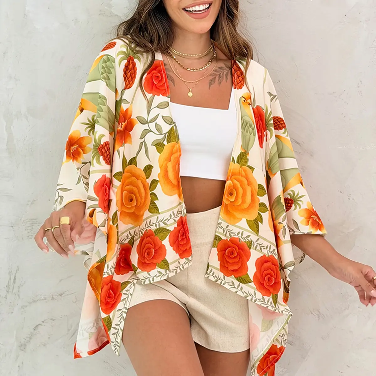 CHICME Women's Tropical Floral & Animal Print Open Front Half Sleeve Cover-up Casual Hollow-out Back Loose Fit Cardigan