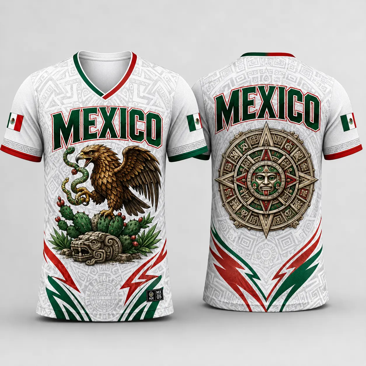 2026 Mexico Inspired White V-Neck Short Sleeve T-Shirt for Men, Eagle Serpent Cactus Graphic, Aztec Calendar Mask Back Print, Flag Sleeve Accents, Casual Soccer Fan Tee, Futbol Game Day Shirt, Summer Party Top