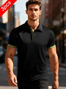 3-pack Men’s Summer Ice Silk Polo Shirt – Breathable, Cooling Solid Color, Turn-Down Collar, Slim Fit; Perfect for Daily Commuting, Business, Casual Wear, and Street Style
