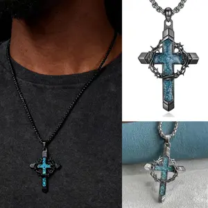1Pcs Turquoise Vintage Pendant Men's Stylish Unique Thorn Flower Crown Cross Necklace, Perfect Hip-Hop Punk Gift for Friends Holidays Birthdays