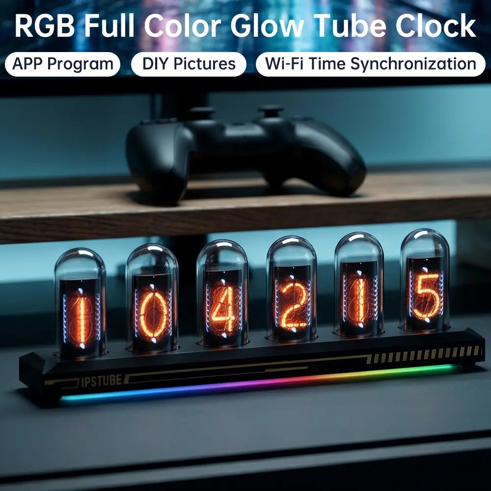 Retro Vintage Smart Desk Clock with Wi-Fi Sync, Weather Display, RGB Mood Light, Quartz Glass Tube - Home Decor, Ideal Gift Idea, Adjustable
