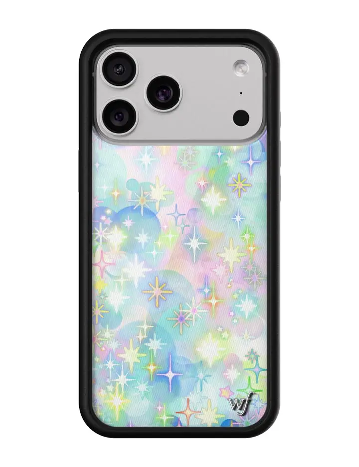 Sparkle City | Limited Edition Trendy iPhone Case | Raised Protective Black Bumper | Women Owned Small Business | Vibrant Pastel Blue Purple Green Orange Stars Cloudy Sparkles | Safety Casing Protective | Gift for Her